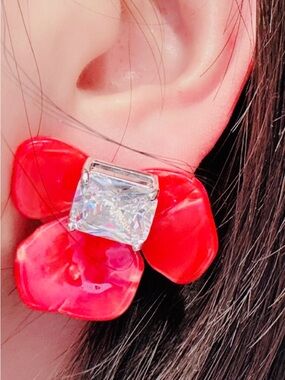 Red Floral Petal Earrings with Square Crystal Studs